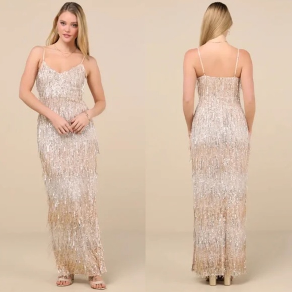 NWT Lulus Sashi Gold Sequin Fringe Maxi Dress - Picture 1 of 11